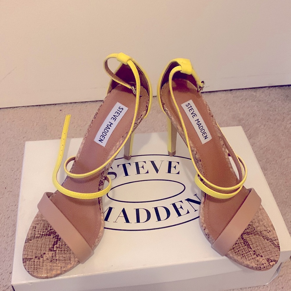 Tan and yellow high heels. Worn once for a wedding